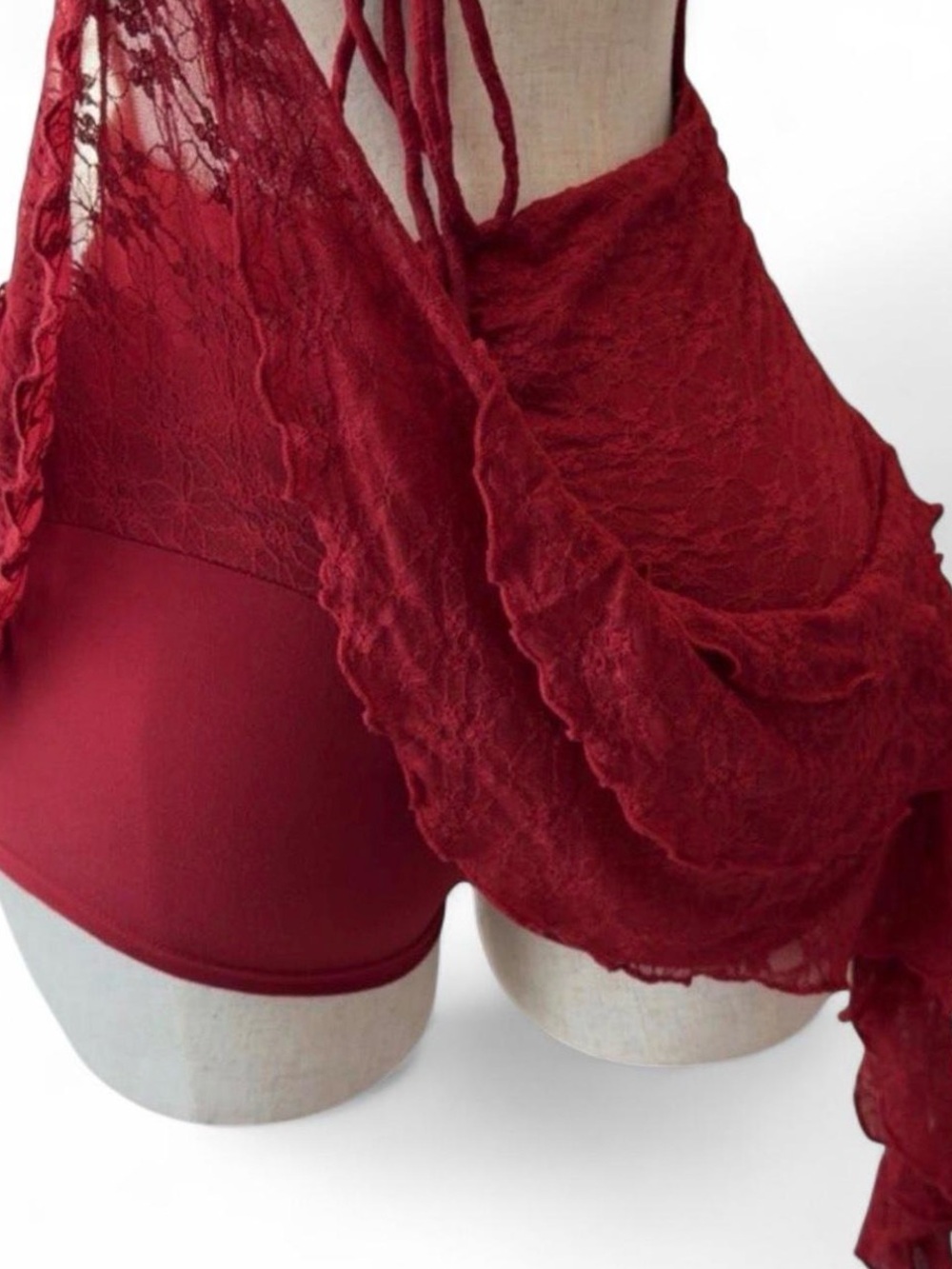 Red Lace Halter Mini Dress with Ruffle Hem - Picture 7 of 7